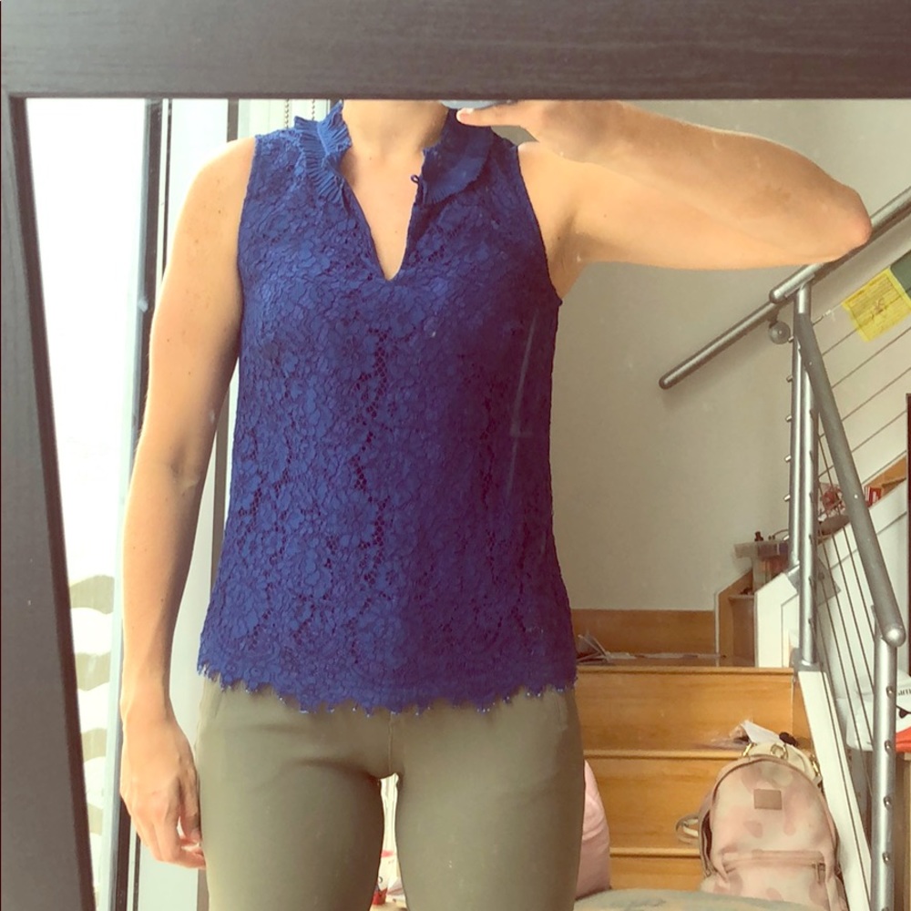 J. Crew sz xs blue LACE RUFFLE-NECK TOP
